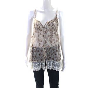 Millau Womens Mesh Trim Floral Chiffon Tank Top Blouse Ivory Brown Pink Small
